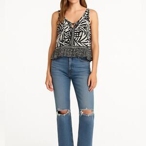 PATRONS OF PEACE Printed Peplum Tank | XS | Black White | Boho Festival